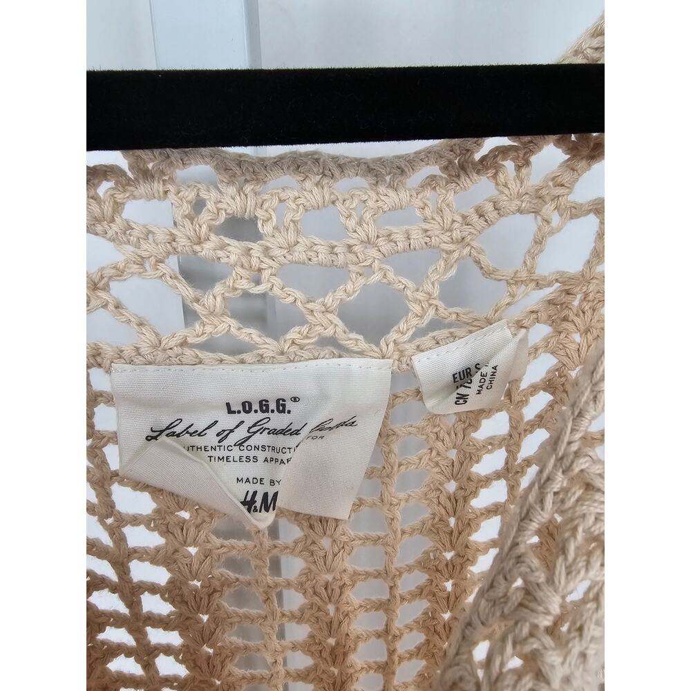 LOGG for H&M Womens Sz S Midi Legnth Boho Crochet Dress Beige Tan Short Sleeve - Picture 3 of 5